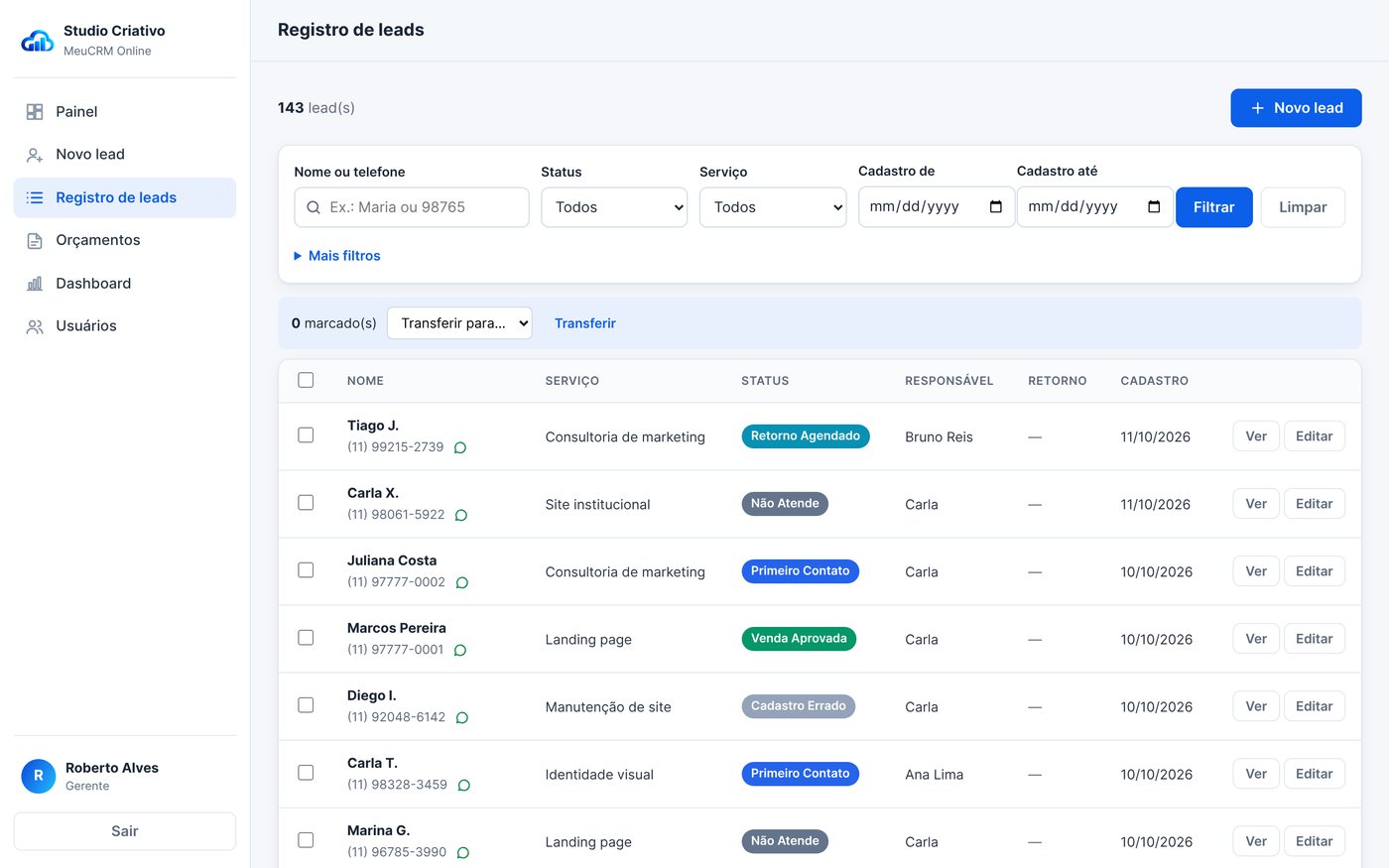 Lista de clientes com ícones de WhatsApp e status coloridos
