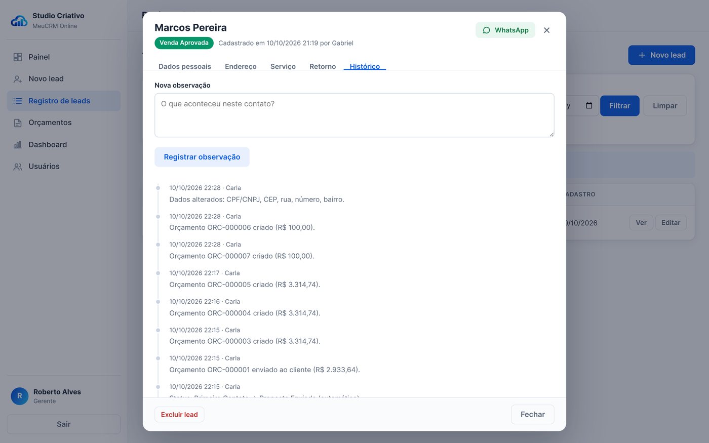 Ficha do cliente com abas e histórico